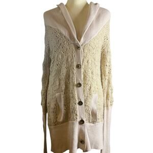 Free People Beige Textured Knit Long Button Front Cardigan Sweater, Size Medium